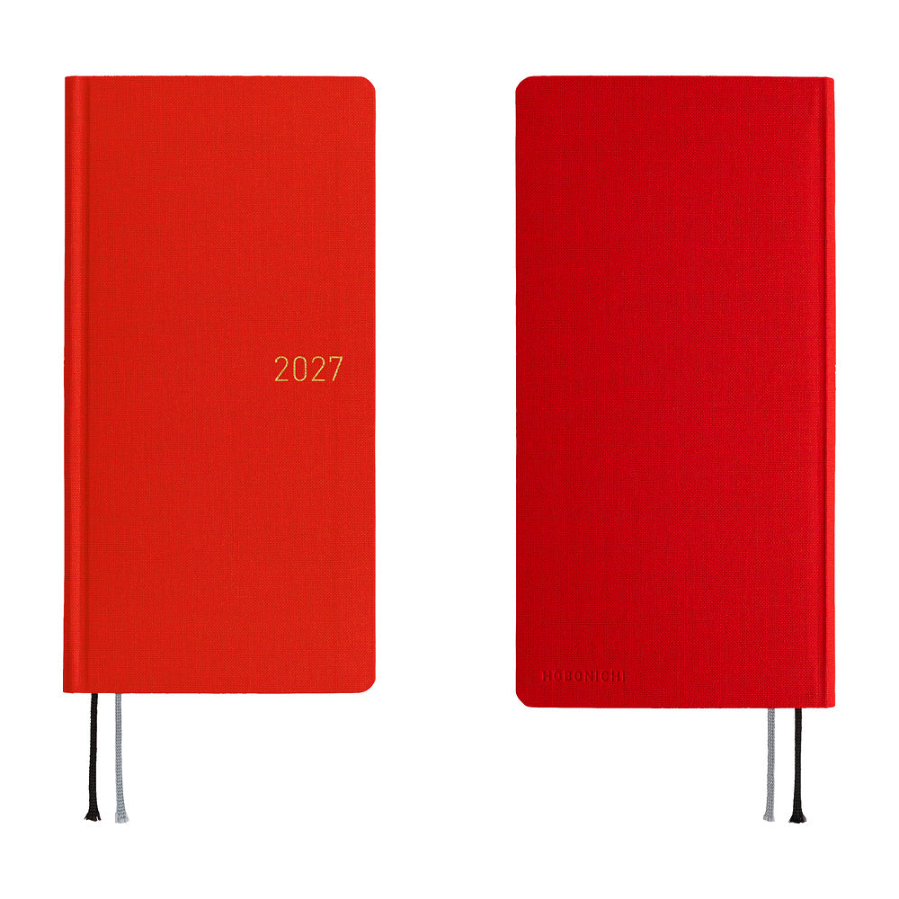 A 2027 Hobonichi Mega Weeks planner in the color Poppy Red