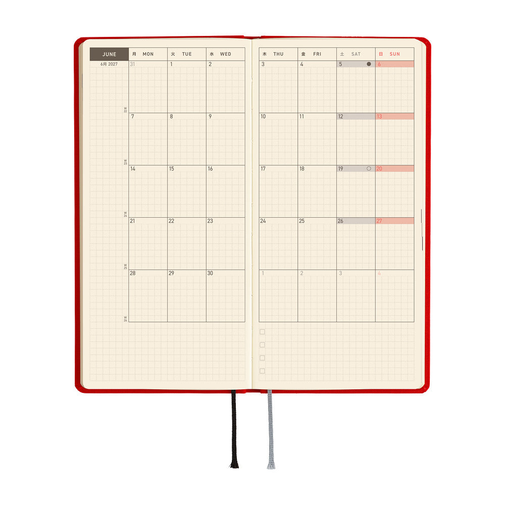 A 2027 Hobonichi Mega Weeks planner in the color Poppy Red