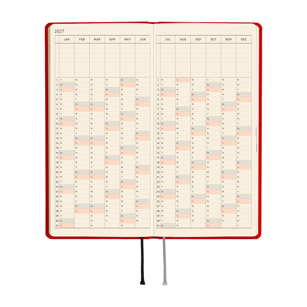 A 2027 Hobonichi Mega Weeks planner in the color Poppy Red