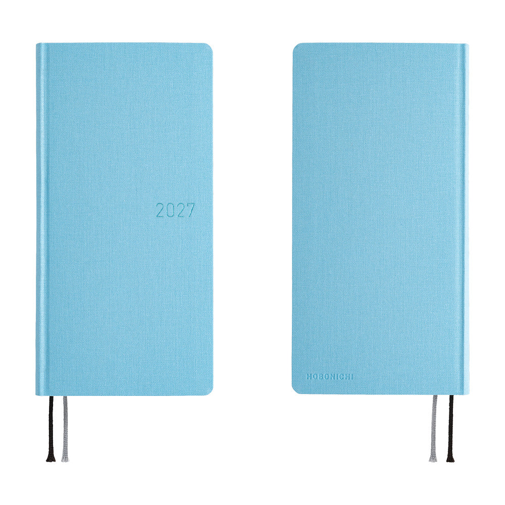 A front and back view of a 2027 planner with a light blue cover that has a slight sheen. The year 2027 is debossed on the front in blue foil.
