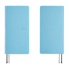 A front and back view of a 2027 planner with a light blue cover that has a slight sheen. The year 2027 is debossed on the front in blue foil.