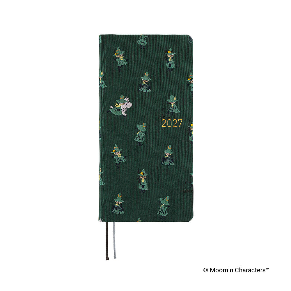 A dark green planner covered with woven "bow & tie" fabric featuring Moomin characters and the year '2027' in gold foil.