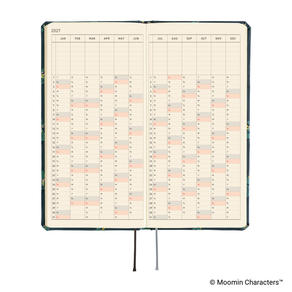 An open 2027 daily planner with cream-colored pages featuring a yearly grid calendar layout and two black ribbon bookmarks.