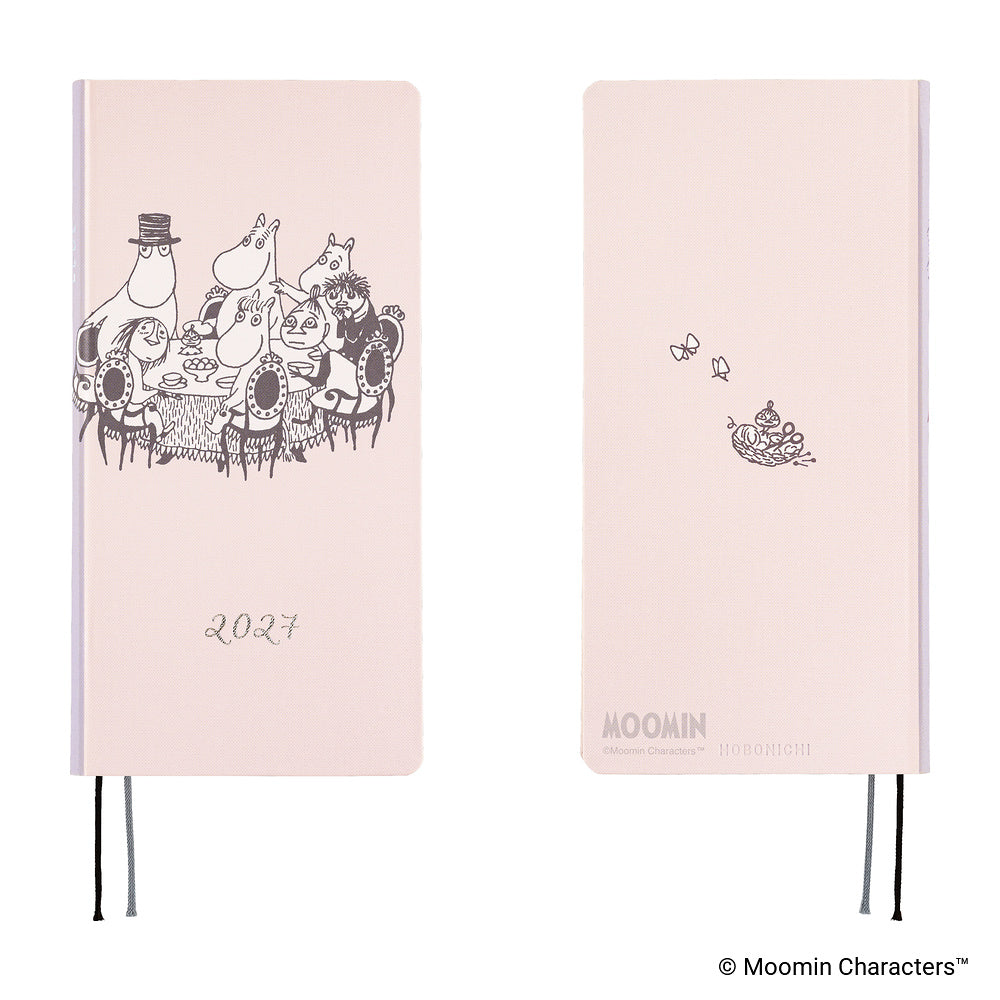 A 2027 Moomin-themed notebook shown from both the front and back. The notebook has a pale pink cover with black line art illustrations of Moomin characters on the front and a small Moomin character on the back.