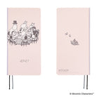 A 2027 Moomin-themed notebook shown from both the front and back. The notebook has a pale pink cover with black line art illustrations of Moomin characters on the front and a small Moomin character on the back.