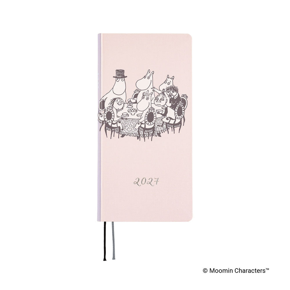 A light pink 2027 planner featuring Moomin characters dining at a table on the cover. 