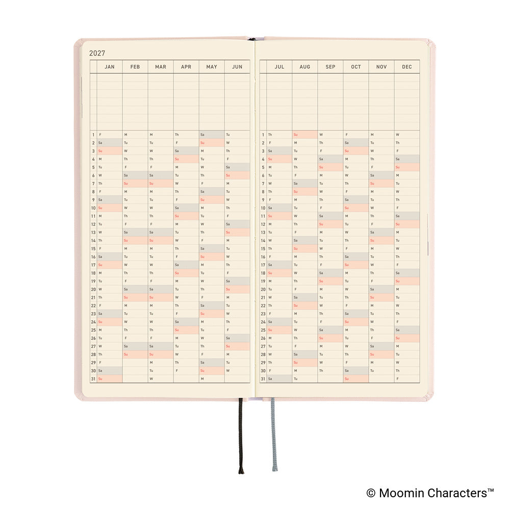 An open 2027 daily planner showing two pages of a yearly calendar grid with cream-colored paper.