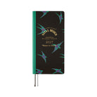 A 2027 planner with a black cover decorated with teal and purple swallow birds, gold foil lettering, and a teal spine, shown on a plain white background.