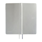 The exterior of a slim planner covered in silver leather. 2027 is embossed in silver on the front cover and spine. 