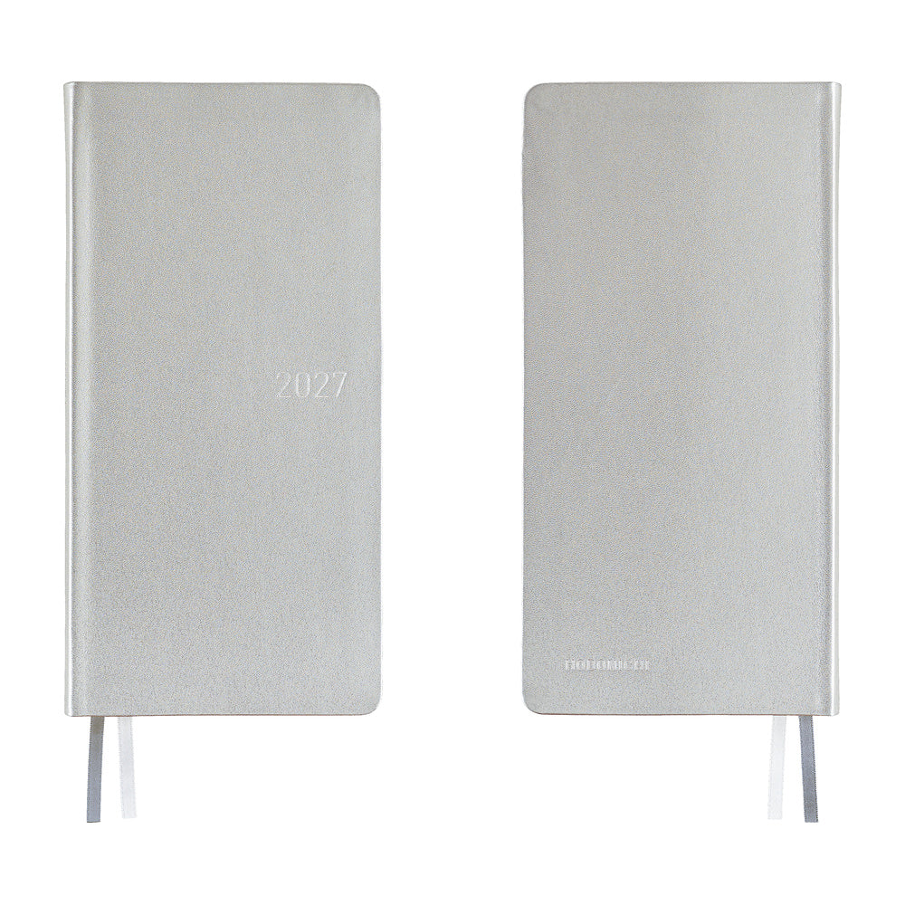 A front and back view of a 2027 planner covered in silver leather. A subtle 2027 is embossed on the front cover. 