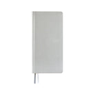 A slim 2027 daily planner with a silver leather cover, featuring a thin ribbon bookmarks, shown against a plain white background.