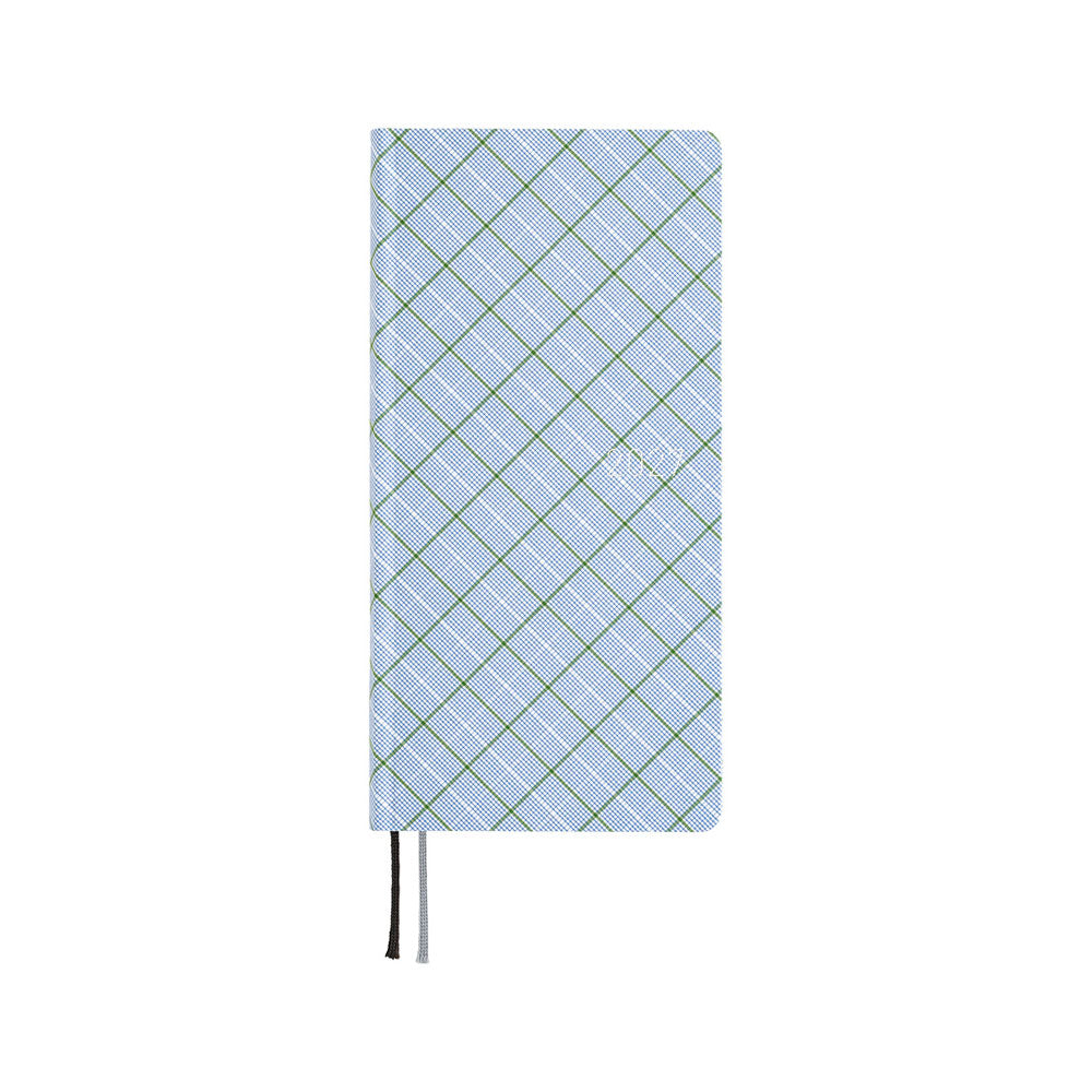 A 2027 fabric-covered planner with a simple blue, white, and green plaid pattern across the cover.