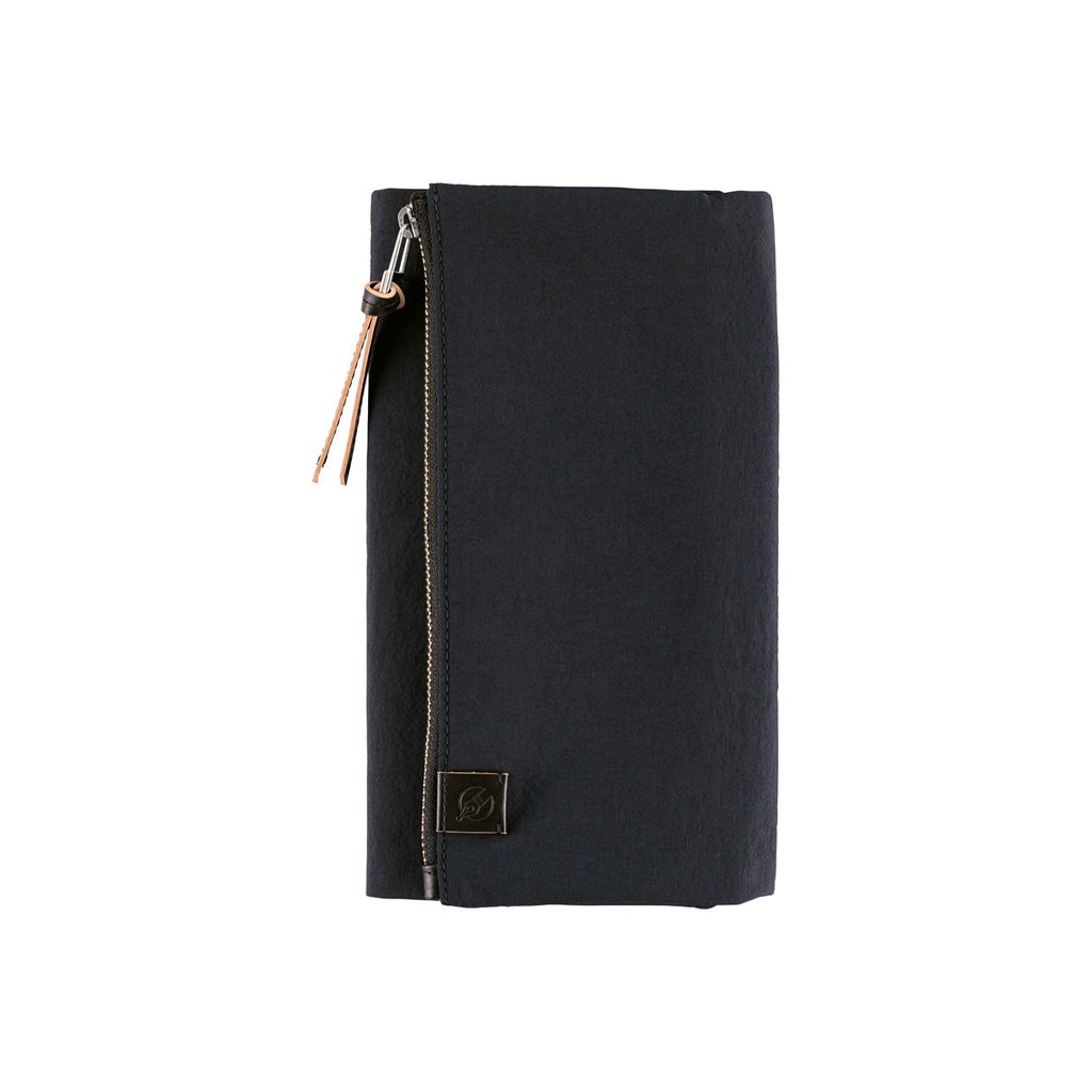 Black Hobonichi Techo Weeks Tragen cover with zippered pocket on white background
