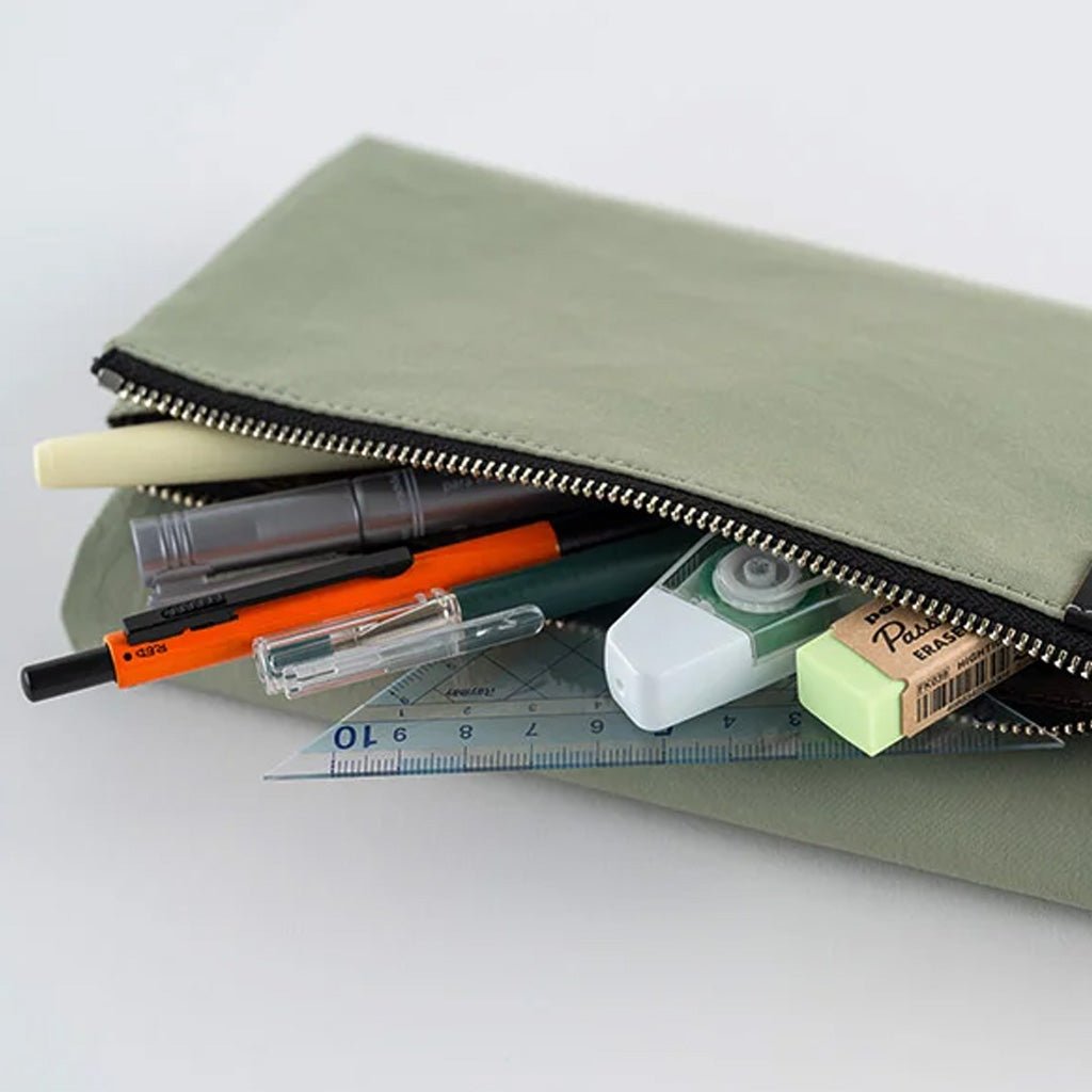 Light green fabric Tragen zippered cover for Hobonichi Techo Weeks planner with stationery accessories 