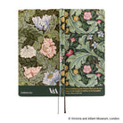 The exterior of a 2027 planner featuring John Henry Dearle’s 1912 "Leicester" wallpaper pattern and a quote that says ""Have nothing in your houses that you do not know to be useful or believe to be beautiful." The back features another the wallpaper design and has the Hobonichi and V&A logos on the bottom.
