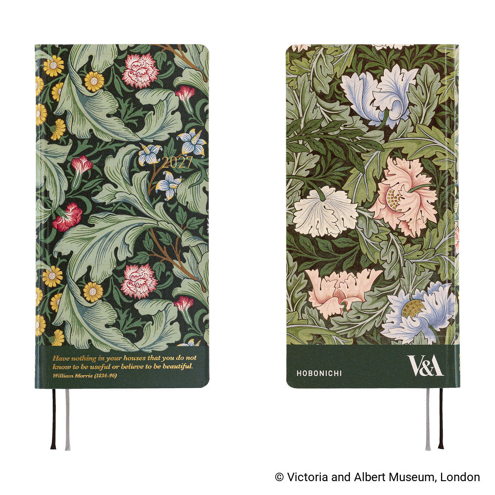 A front and back view of a 2027 planner featuring John Henry Dearle’s 1912 "Leicester" wallpaper pattern and a quote that says ""Have nothing in your houses that you do not know to be useful or believe to be beautiful." The back features another wallpaper design and has both the Hobonichi and V&A logos at the bottom.
