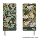 A front and back view of a 2027 planner featuring John Henry Dearle’s 1912 "Leicester" wallpaper pattern and a quote that says ""Have nothing in your houses that you do not know to be useful or believe to be beautiful." The back features another wallpaper design and has both the Hobonichi and V&A logos at the bottom.

