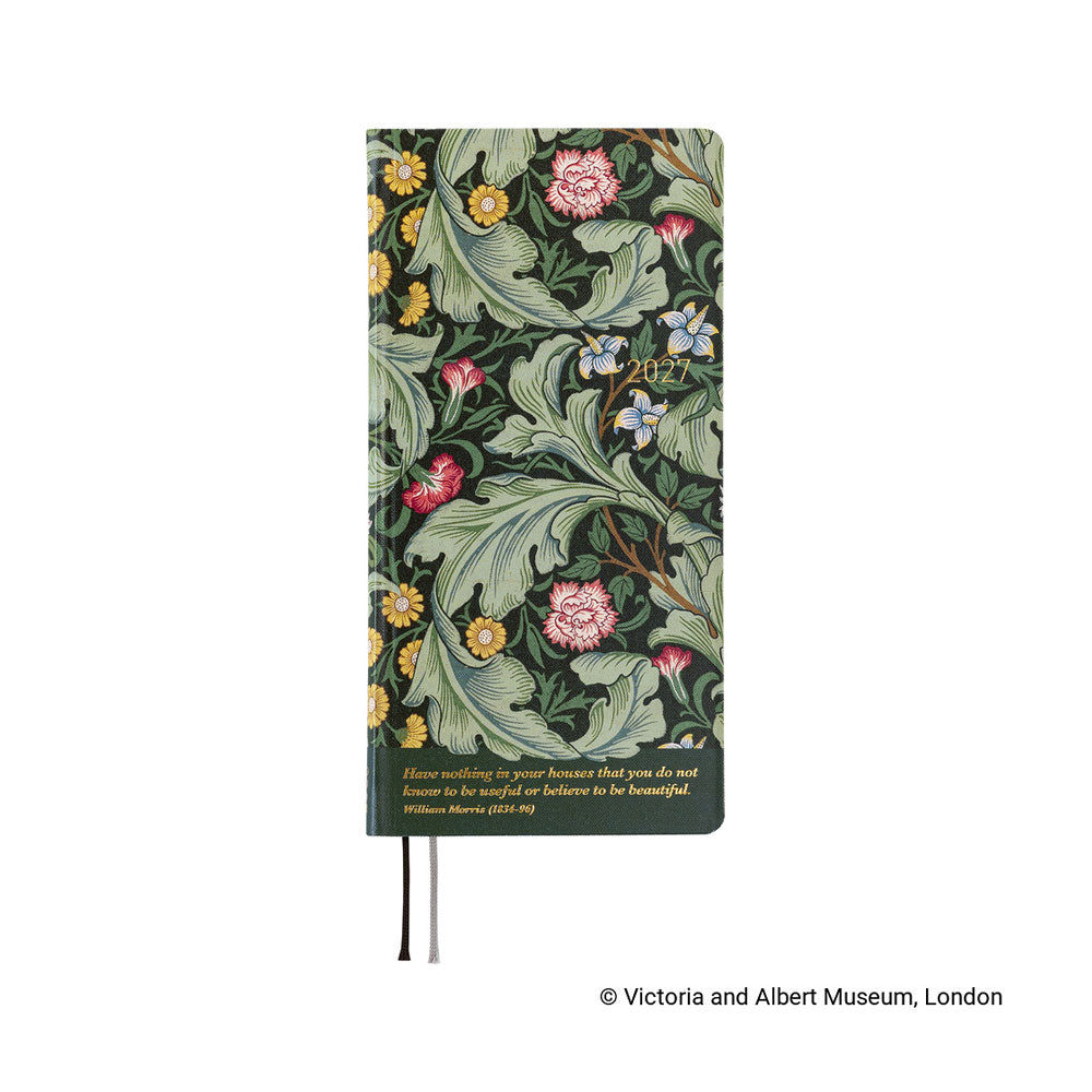 A 2027 planner featuring John Henry Dearle’s 1912 "Leicester" wallpaper pattern and a quote that says ""Have nothing in your houses that you do not know to be useful or believe to be beautiful."