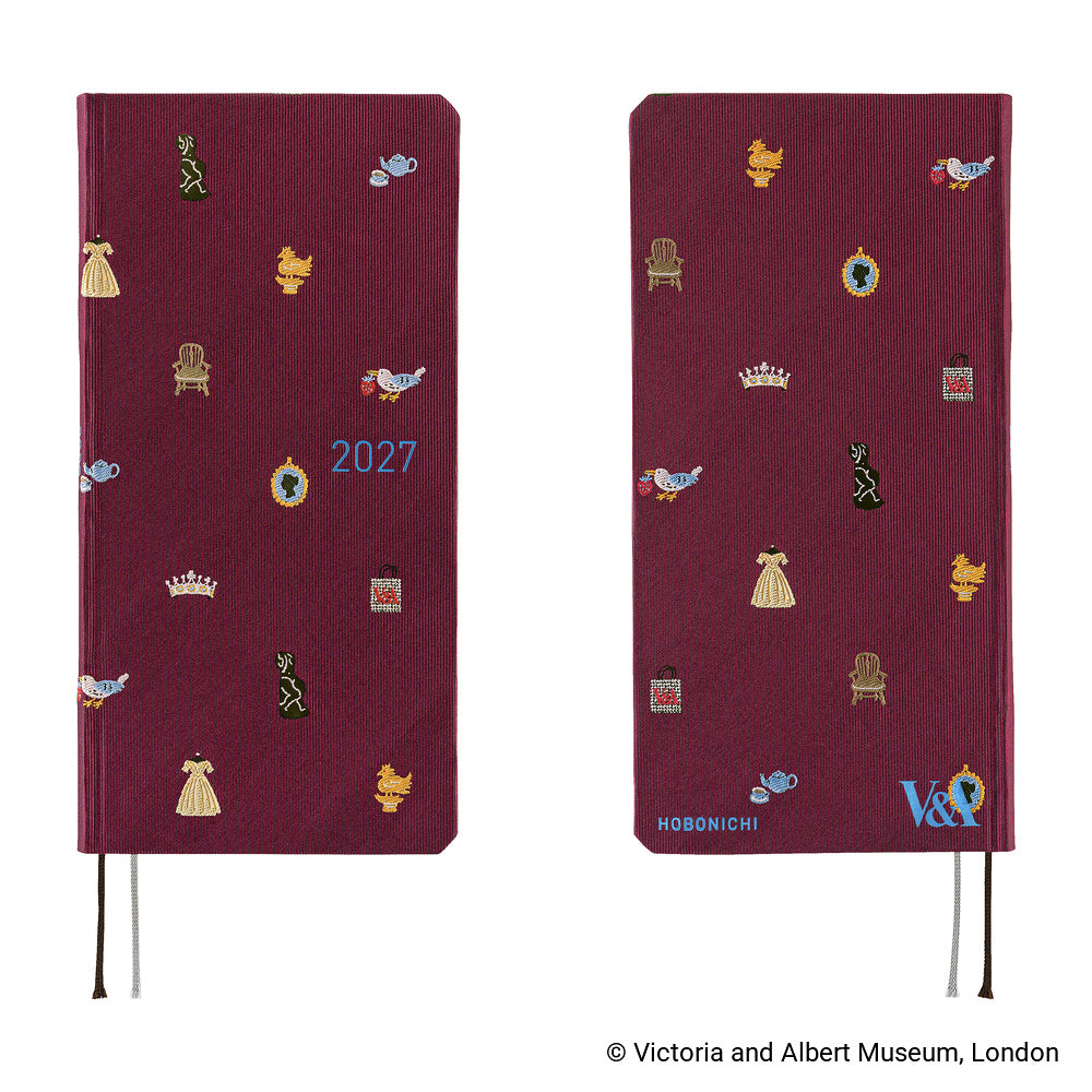A front and back view of a 2027 journal covered in woven "bow & tie" fabric featuring icons from the Victoria & Albert museum collection, such as a crown, teapot, chair, and dress. 