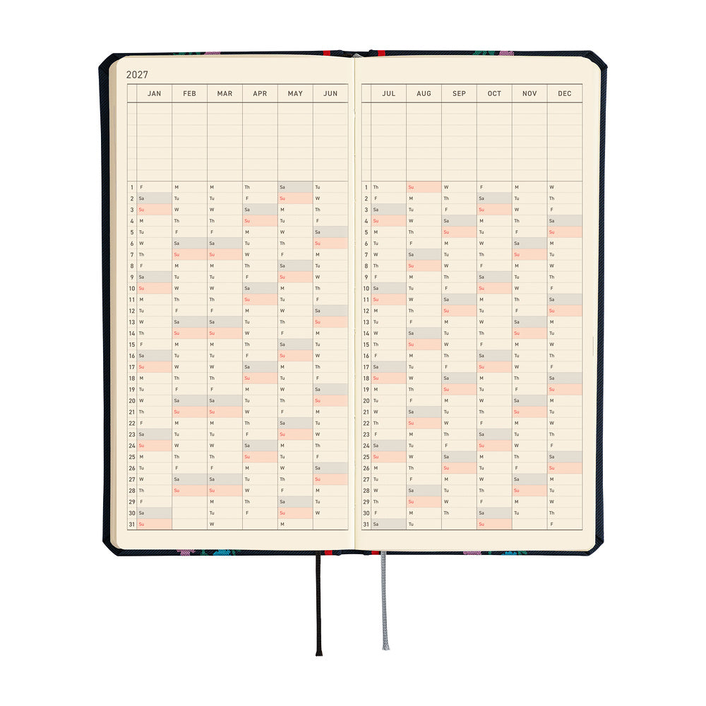 An open 2027 planner displaying a yearly calendar spread with cream-colored pages, and black grid lines. Two black ribbon bookmarks hang from the bottom.