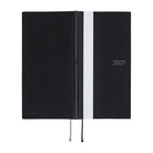 A black 2027 planner with a vertical white stripe down the center, featuring a white ribbon bookmark, shown on a plain white background.