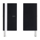 Two views of a black 2027 planner on a white background, showing the front cover with a white vertical stripe and the back cover with ribbon bookmarks.