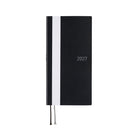 A black textured 2027 planner with a vertical white stripe down the center and the year '2027' printed in white on the front cover, shown on a plain white background.