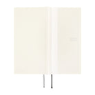 An off-white planner or notebook shown open, with a vertical spine, a white band, the year '2027' printed on the right side, and two ribbon bookmarks hanging from the bottom.