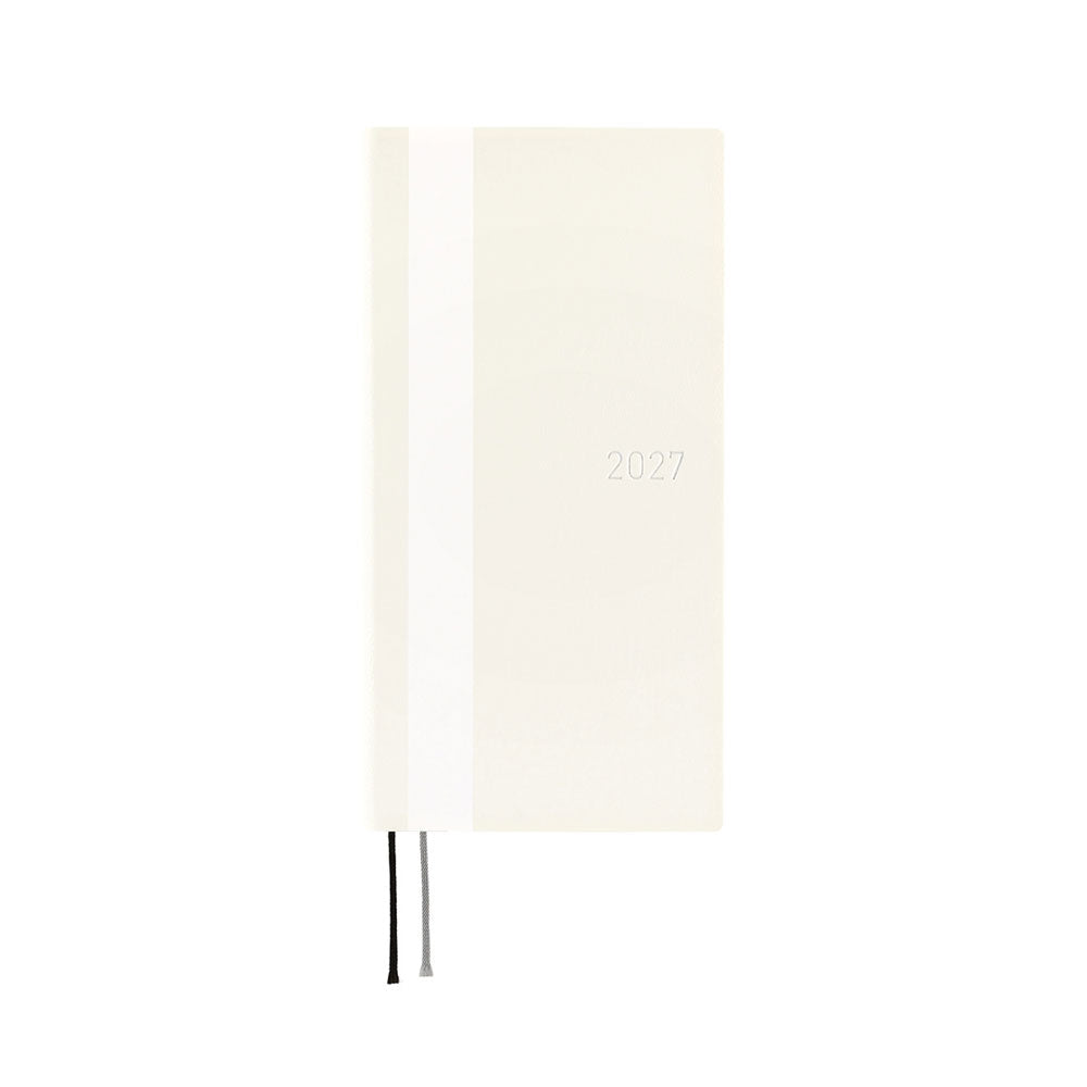 A cream-colored 2027 planner with a white stripe and two bookmark tabs, shown on a solid white background.