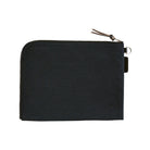 A black A5 zippered tragen flat pouch closed on white background