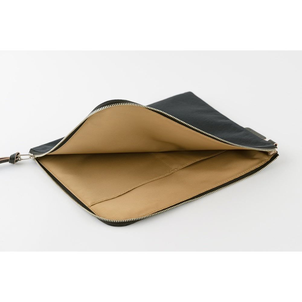 A black A5 zippered tragen flat pouch open with tan interior on white background