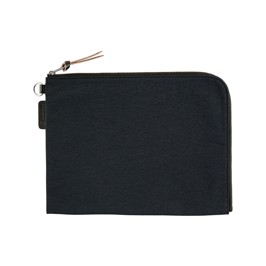 A black A5 zippered tragen flat pouch closed on white background