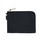 A black A5 zippered tragen flat pouch closed on white background