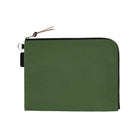 A green A5 zippered tragen flat pouch closed on white background