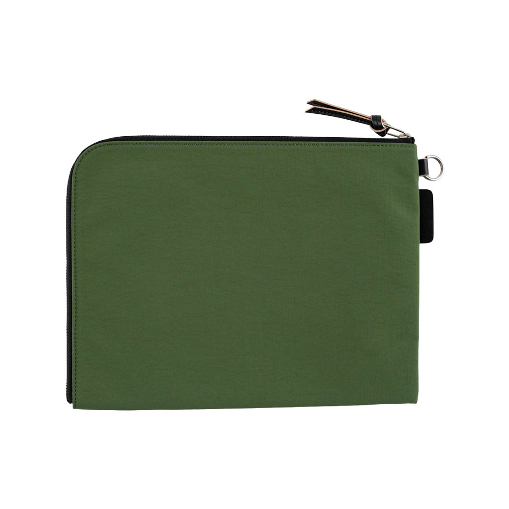 A green A5 zippered tragen flat pouch closed on white background