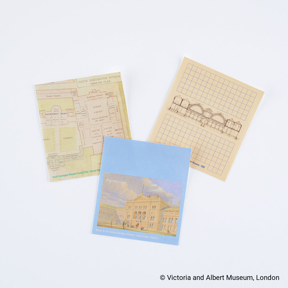 Three vintage-inspired sticky note sheets from the Victoria and Albert Museum on light background