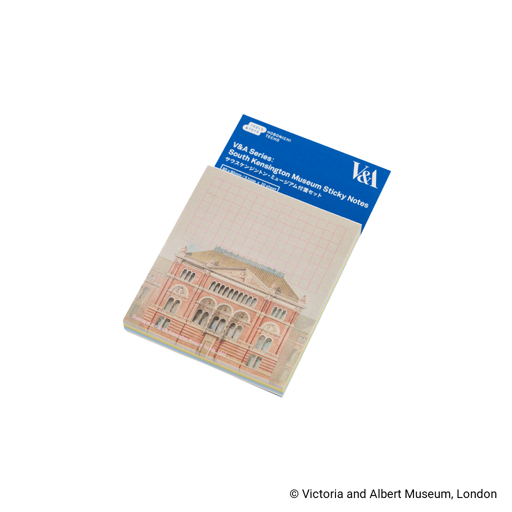 A pocket-sized sticky notes pad featuring the Victoria and Albert Museum building on the cover, with a blue header reading 'V&A Series' and 'Victoria and Albert Museum Sticky Notes'.