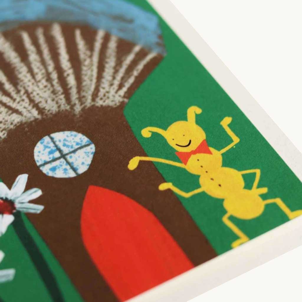 Children's illustration of a treehouse with a smiling ant on a green background