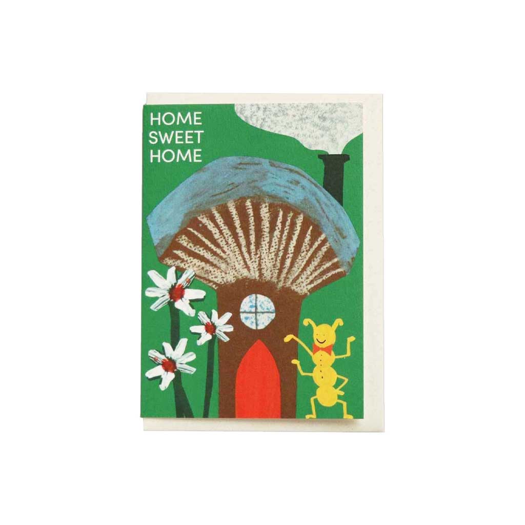 Card with a treehouse, flowers, and an ant on a green background with 'Home Sweet Home' text.