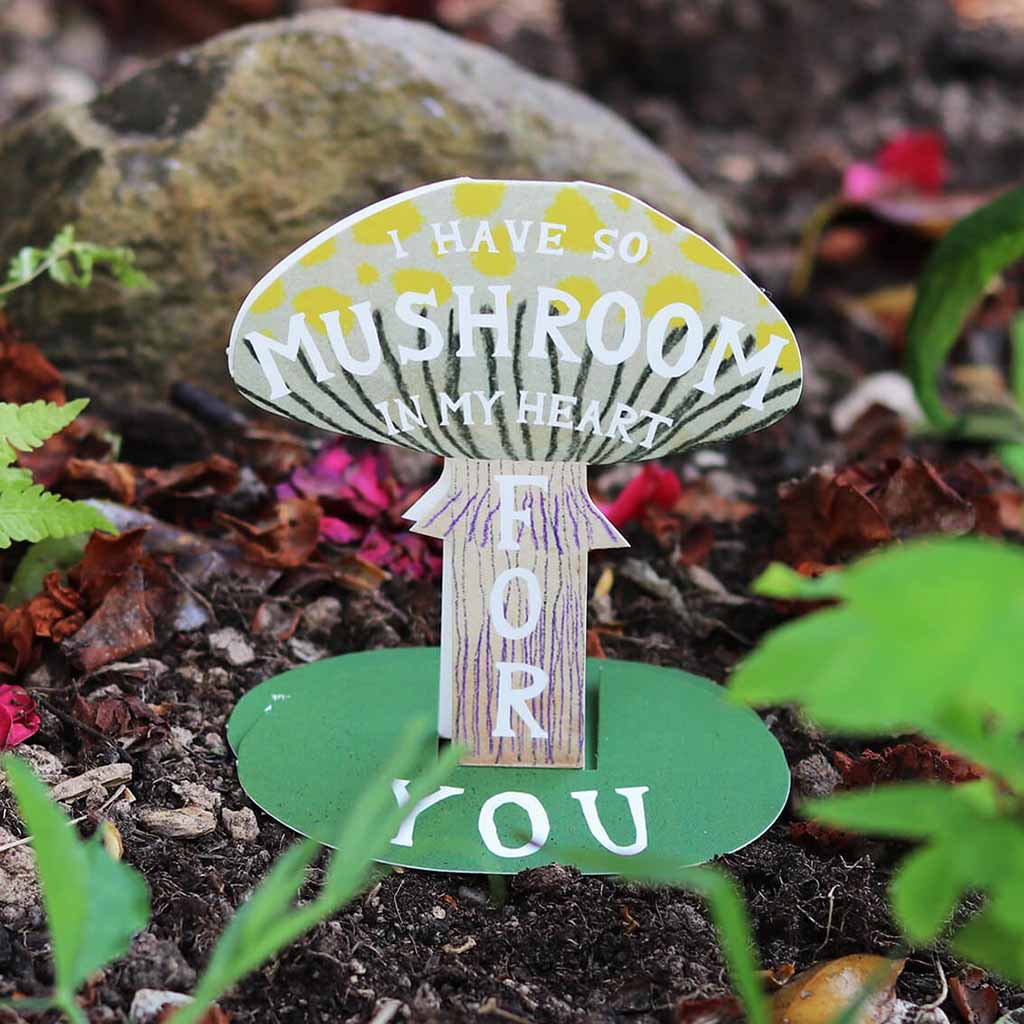 I Have So Mushroom card standing upright on the ground