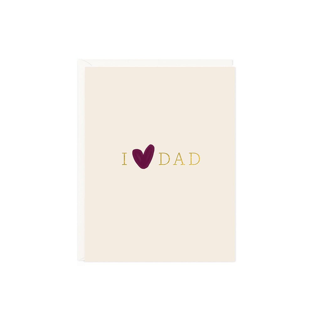 A greeting card with the text 'I love Dad' printed on the front, featuring a purple heart symbol instead of the word 'love'.