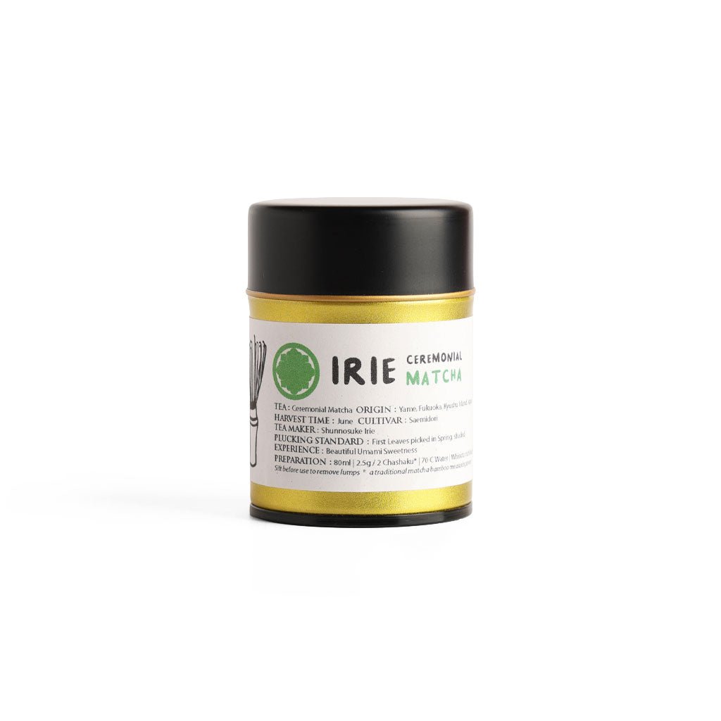 Tin of Irie ceremonial matcha green tea with gold and black packaging on white background