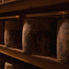 Close-up of wheels of cheese on wooden shelf.