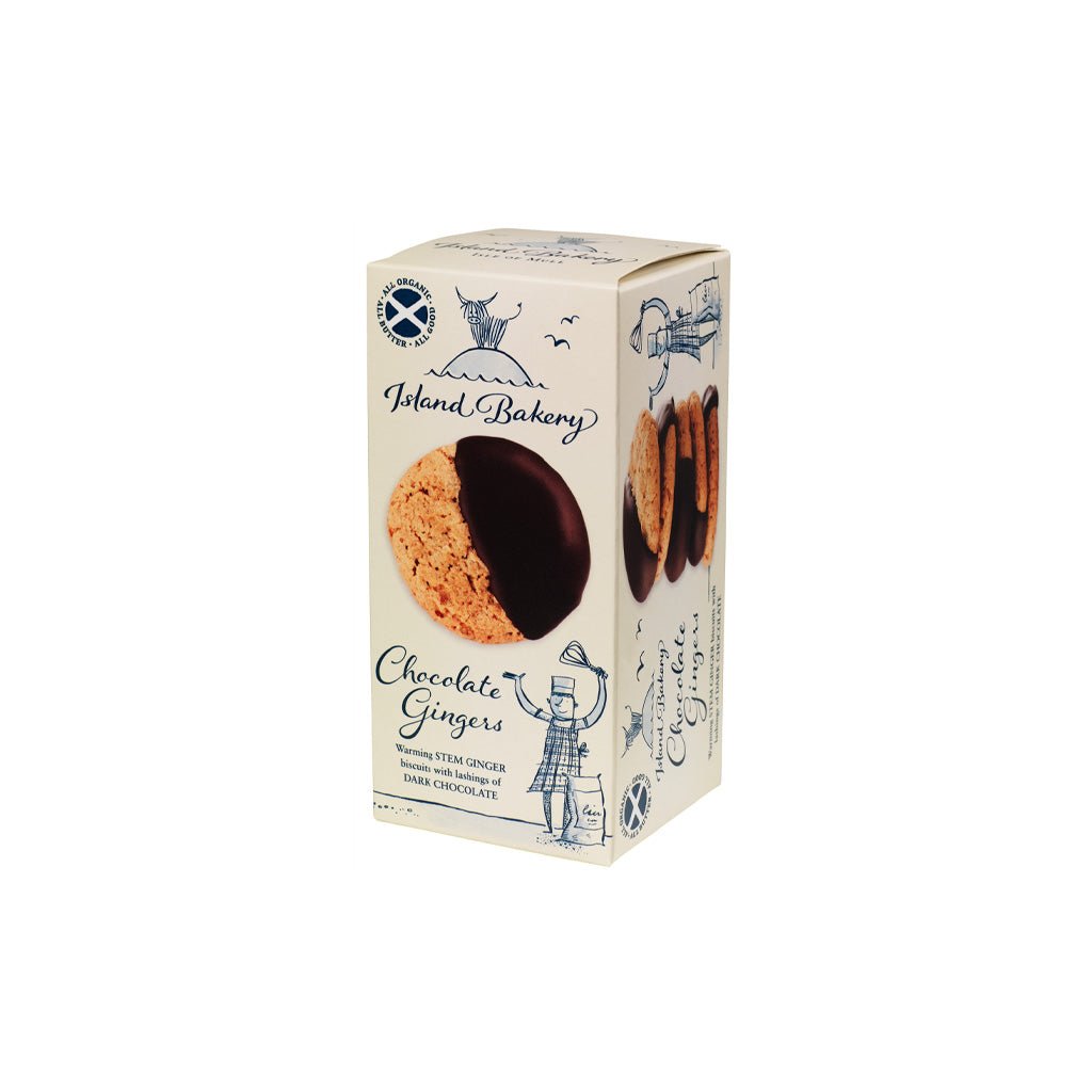 Box of Island Bakery Chocolate Ginger biscuits at an angle.