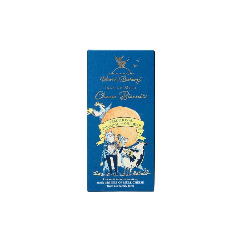 Blue box of Isle of Mull cheese biscuits on white background.