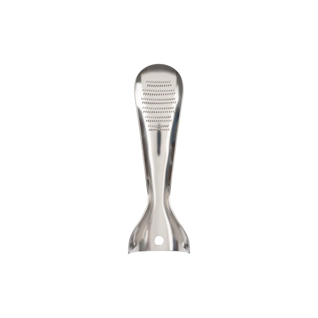 Stainless steel Japanese food grater standing on white background