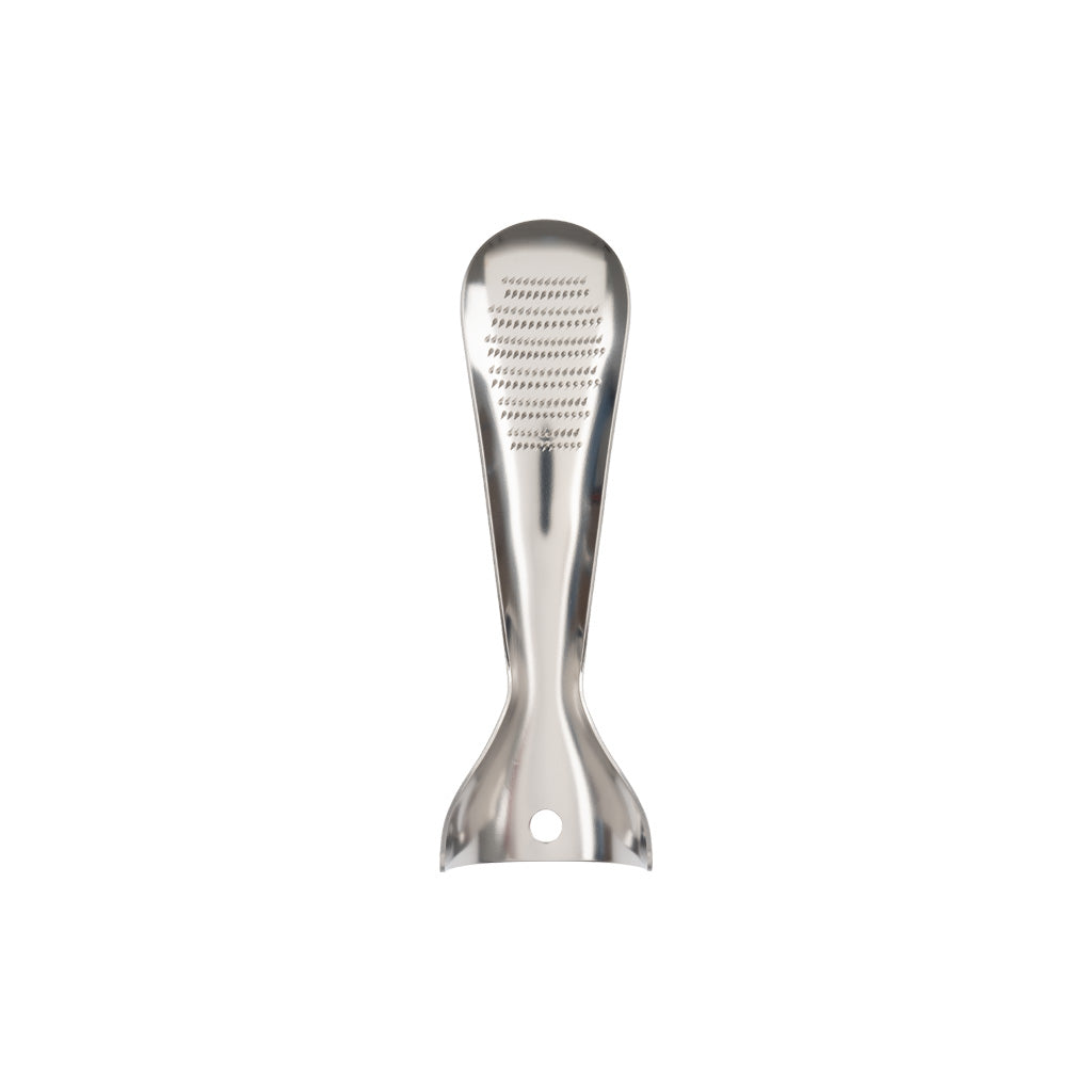 Stainless steel Japanese food grater standing on white background