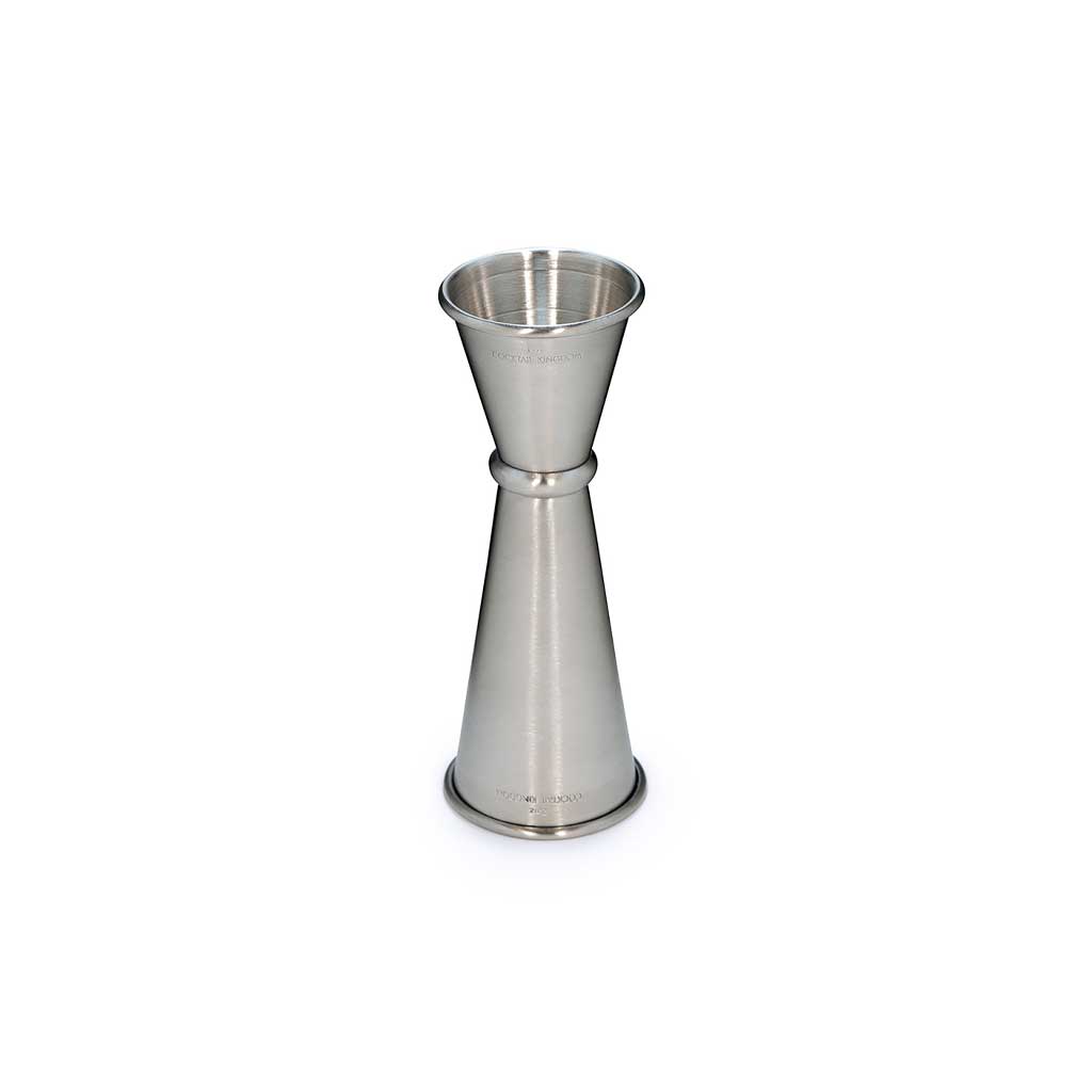 Stainless steel double ended cocktail jigger with 1oz side up on white background