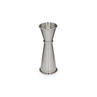 Stainless steel double ended cocktail jigger with 1oz side up on white background