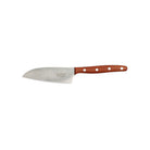 Small compact stainless steel chef's knife with plum wood handle on white background